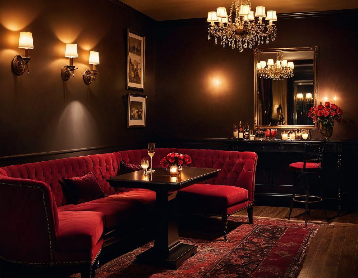A cozy, dimly lit lounge setting with elegant decor, featuring couples engaging in flirtatious conversations. Soft candlelight casts a warm glow, highlighting vintage furniture and playful, romantic elements like red roses and champagne glasses. Include subtle hints of intrigue with mysterious shadows and a stylish bartender in the background, enhancing the atmosphere of intimacy. The colors should be warm and inviting, with a touch of seduction. super-realistic. vibrant colors. 3D.