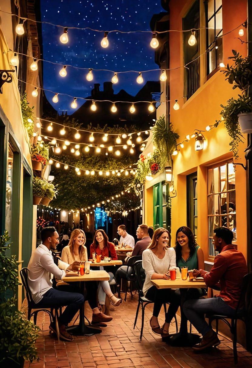 A vibrant and engaging scene showcasing diverse individuals connecting in a lively adult dating community setting, filled with inviting cafe atmospheres and romantic outdoor spaces. Capture joy and intimacy through laughter, conversation, and shared activities, emphasizing passionate connections. Include warm lighting, soft backgrounds, and a touch of heart motifs to evoke emotions. playful illustrations. bright colors. cozy ambiance.